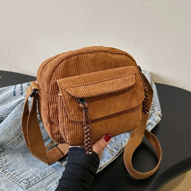 Corduroy Daily Handbag Fashionable Versatile Shoulder Bag Women Multi-Compartment Zipper Closure