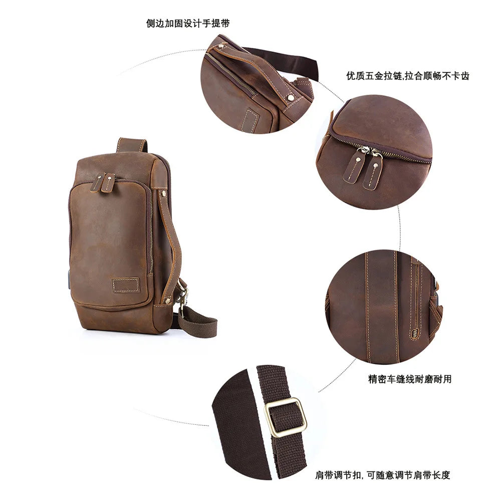 Retro Men S Chest Bag Genuine Leather Chest Large-Capacity Hand-Held Crossbody Backpack