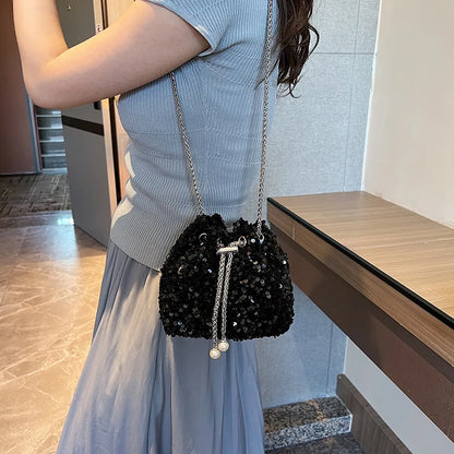 Silver Sequin Mini Pouch Crossbody Bags Pearl Drop Drawstring