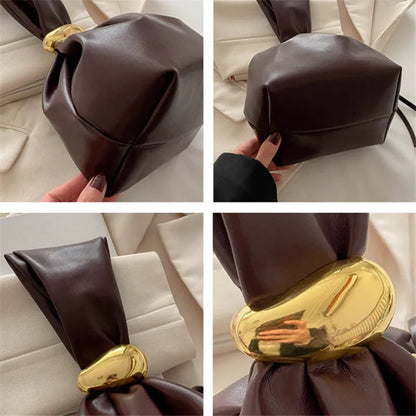 Drawstring Cloud Tote Bag with Gold Metal Buckle for Women