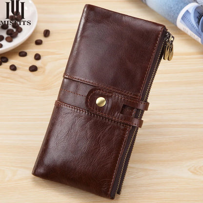 Men S Long Wallet Large Capacity Retro Real Leather Mobile Phone Storage Buckle Handheld Business