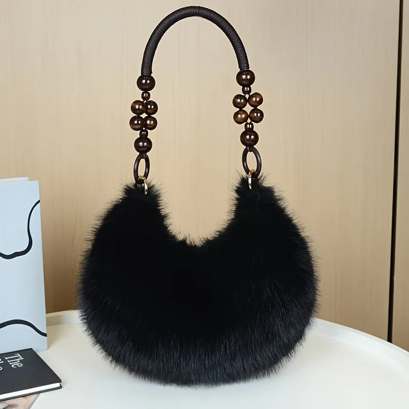 Fluffy Faux Fur Tote Bag with Wooden Bead Handle