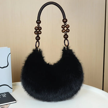 Fluffy Faux Fur Tote Bag with Wooden Bead Handle