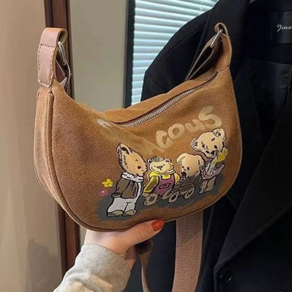 Crossbody Bag Girls Trendy Cartoon Teddy Bear Saddle Bag Large Capacity Fashionable Canvas Dumpling