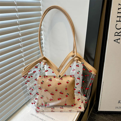 Women Tote Bag Transparent Pvc Cherry Pattern Shoulder Small Commute Shopping