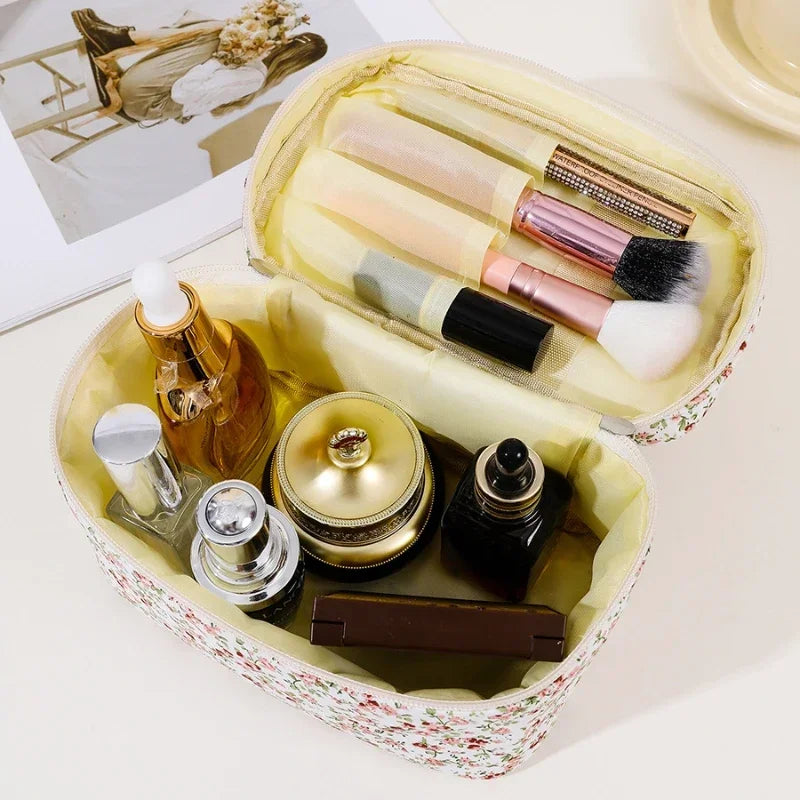 Women Cotton Makeup Bags Vintage Cosmetic Case Flower Large Capacity Tote Portable Storage Handbag