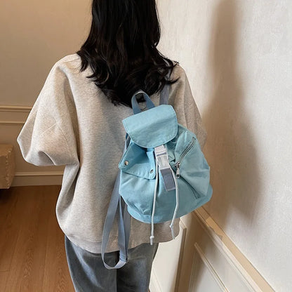 Mini Drawstring Flap Backpack Water-Resistant for Women