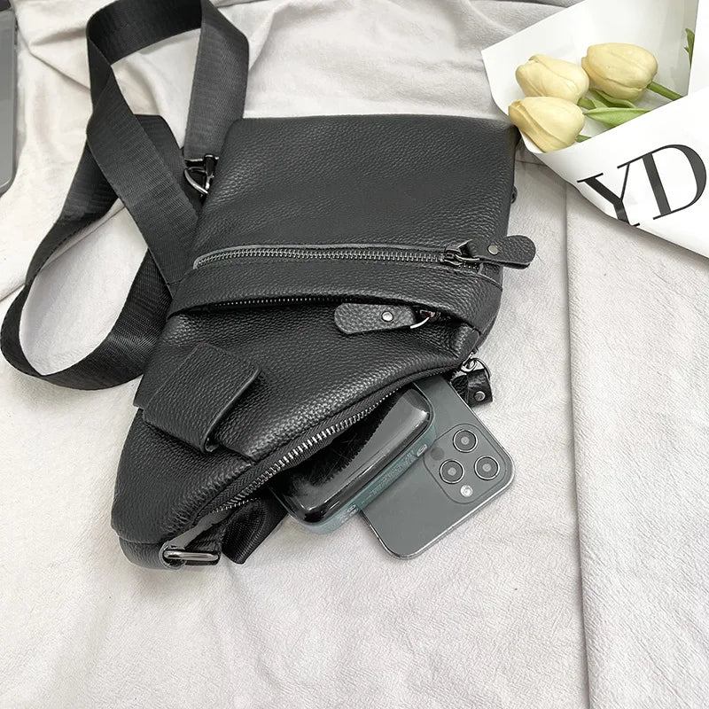 Men S Cowhide Chest Bag Multi-Layered Business Irregular-Shaped Crossbody Bag Genuine Leather Men S