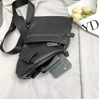 Men S Cowhide Chest Bag Multi-Layered Business Irregular-Shaped Crossbody Bag Genuine Leather Men S