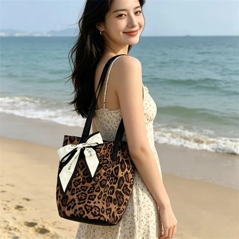 Leopard Print Tote Bag with Bow Scarf – Large Capacity Shoulder Bag