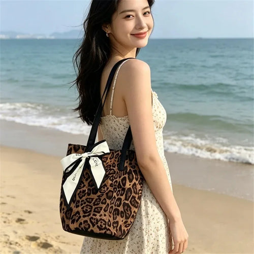 Leopard Print Tote Bag with Bow Scarf – Large Capacity Shoulder Bag