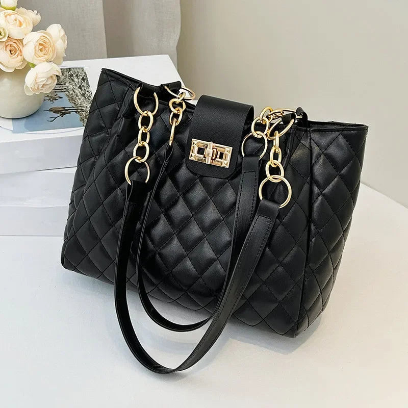 Straw Woven Tote Bag with Chain Leather Strap for Women