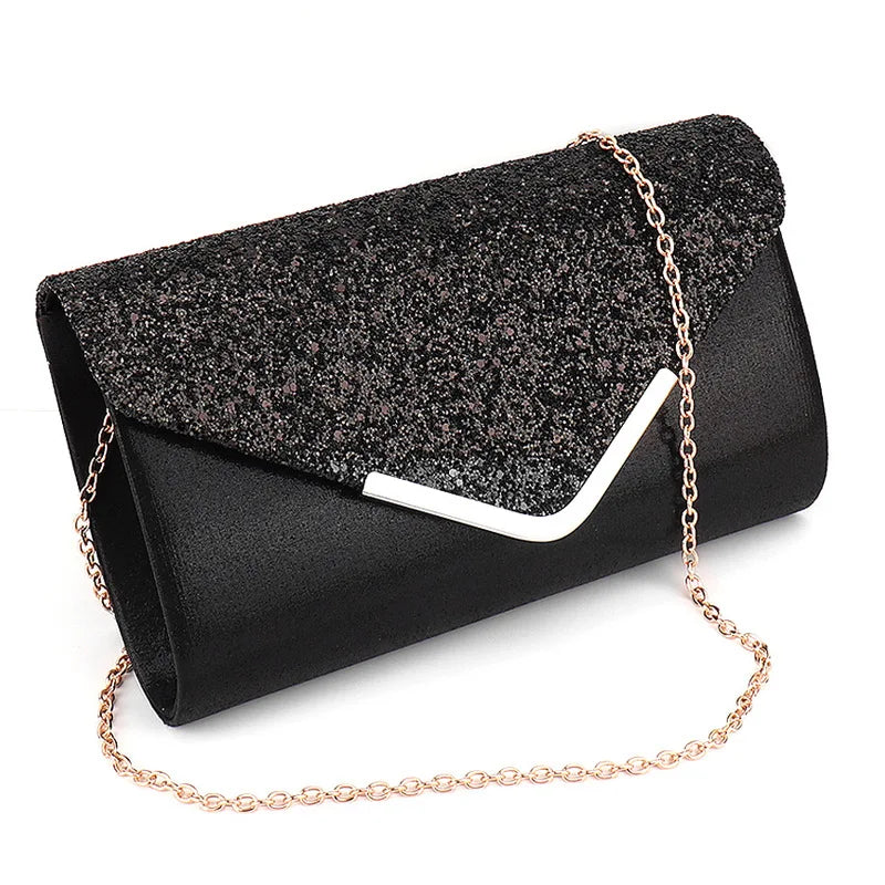 Sparkly Black Evening Clutch Bag Envelope Purse Gold Chain Parties Prom Special Occasions Formal