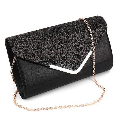 Sparkly Black Evening Clutch Bag Envelope Purse Gold Chain Parties Prom Special Occasions Formal