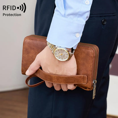 Rfid Men S Business Wallet Double Zipper Long Retro Large Capacity Women Hand