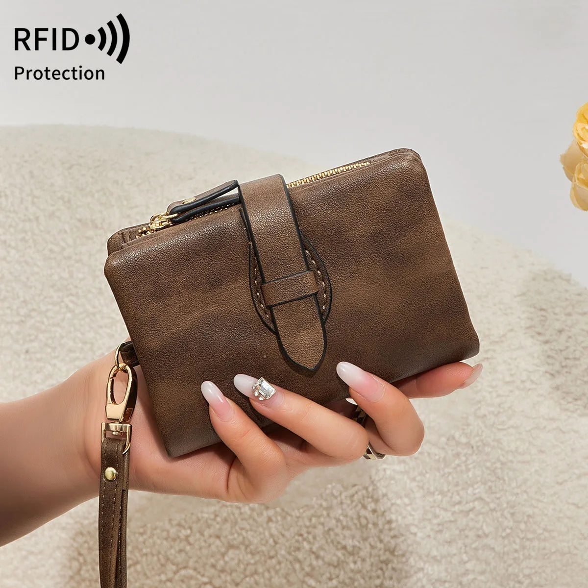 Rfid Ladies Purse Pu Soft Leather Three Fold Short Retro Zipper Clasp Pocket Change Collector - Soft