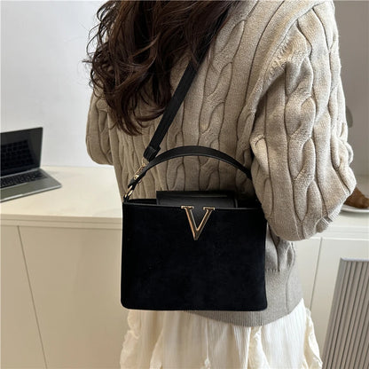 Mini Suede Crossbody Bag for Women – Faux Suede Handbag with Gold V Clasp