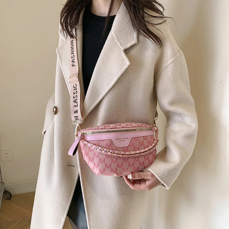 Crossbody Chest Bag with Chain Letter Pattern - Adjustable Waist Bag