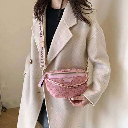 Crossbody Chest Bag with Chain Letter Pattern - Adjustable Waist Bag