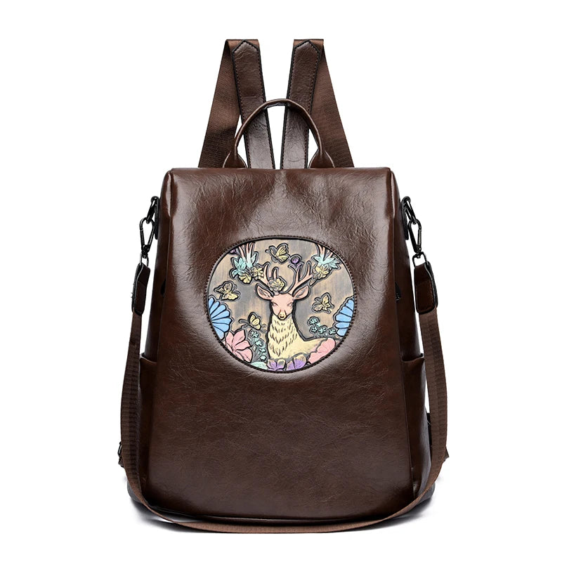 Anti-Theft Backpack with Deer & Elephant Print – 3-in-1 Waxed Leather Shoulder Bag