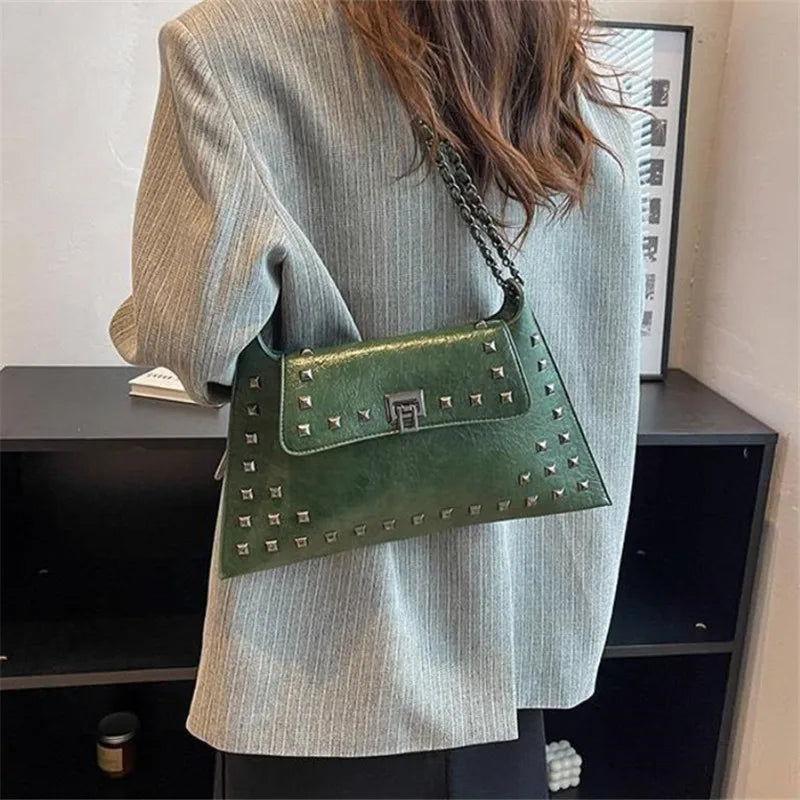 Rivet Crossbody Bag – Vintage Faux Leather Chain Shoulder Purse