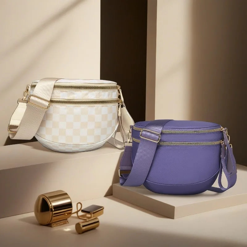 Checkered Saddle Crossbody Bag – Dual Zipper Shoulder & Waist Pack for Women