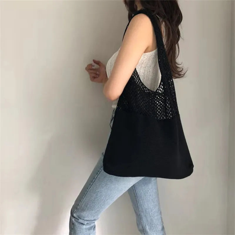 Hollow Out Knitted Handbag Shoulder Bag Solid Color Wool Knitting Bag Commuter Large Capacity