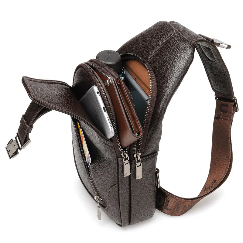 Men S Chest Bag Cowhide Cross-Body Casual Shoulder Leather Large Capacity Business Backpack