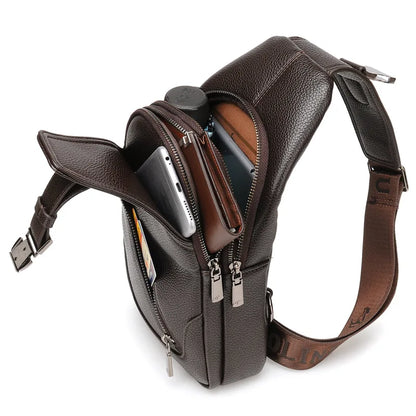 Men S Chest Bag Cowhide Cross-Body Casual Shoulder Leather Large Capacity Business Backpack