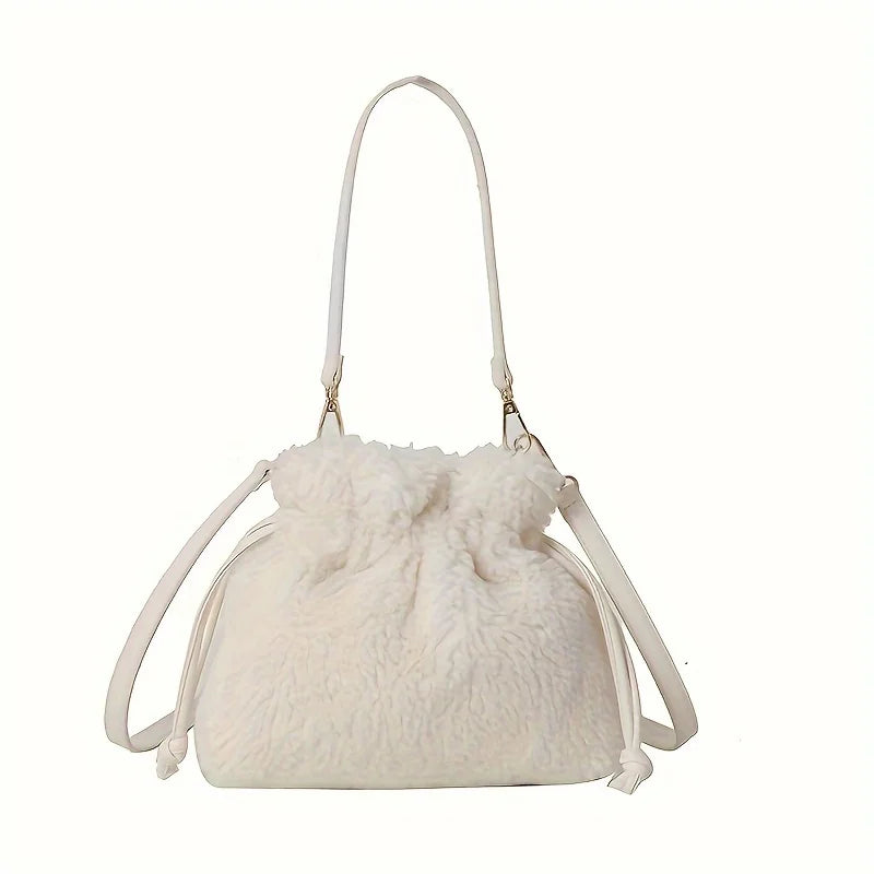 Fashionable Mini Plush Crossbody Bag Drawstring - Soft Fuzzy Bucket Women - Soft