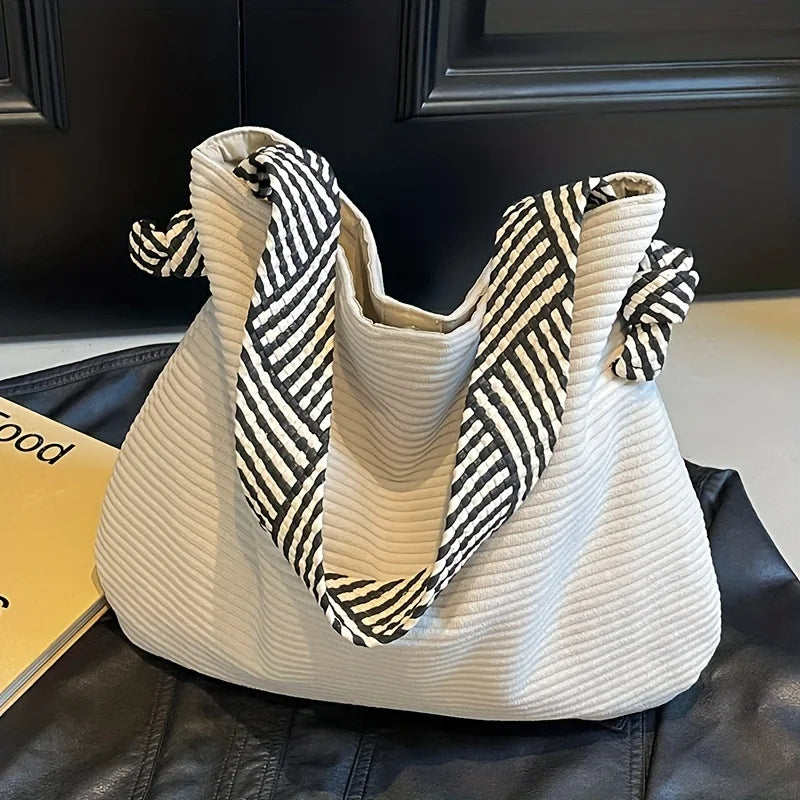 Women's Corduroy Tote Bag – Casual Shoulder Handbag with Striped Handles