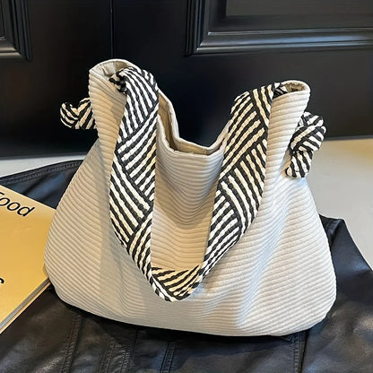 Women's Corduroy Tote Bag – Casual Shoulder Handbag with Striped Handles