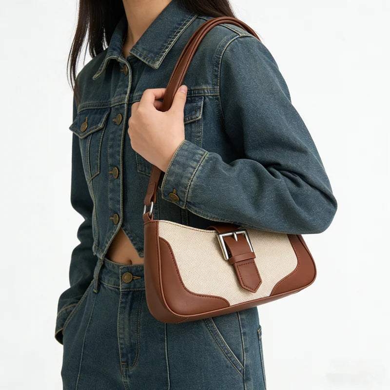 Retro Woven Canvas Baguette Bag – Buckle Underarm Shoulder Purse
