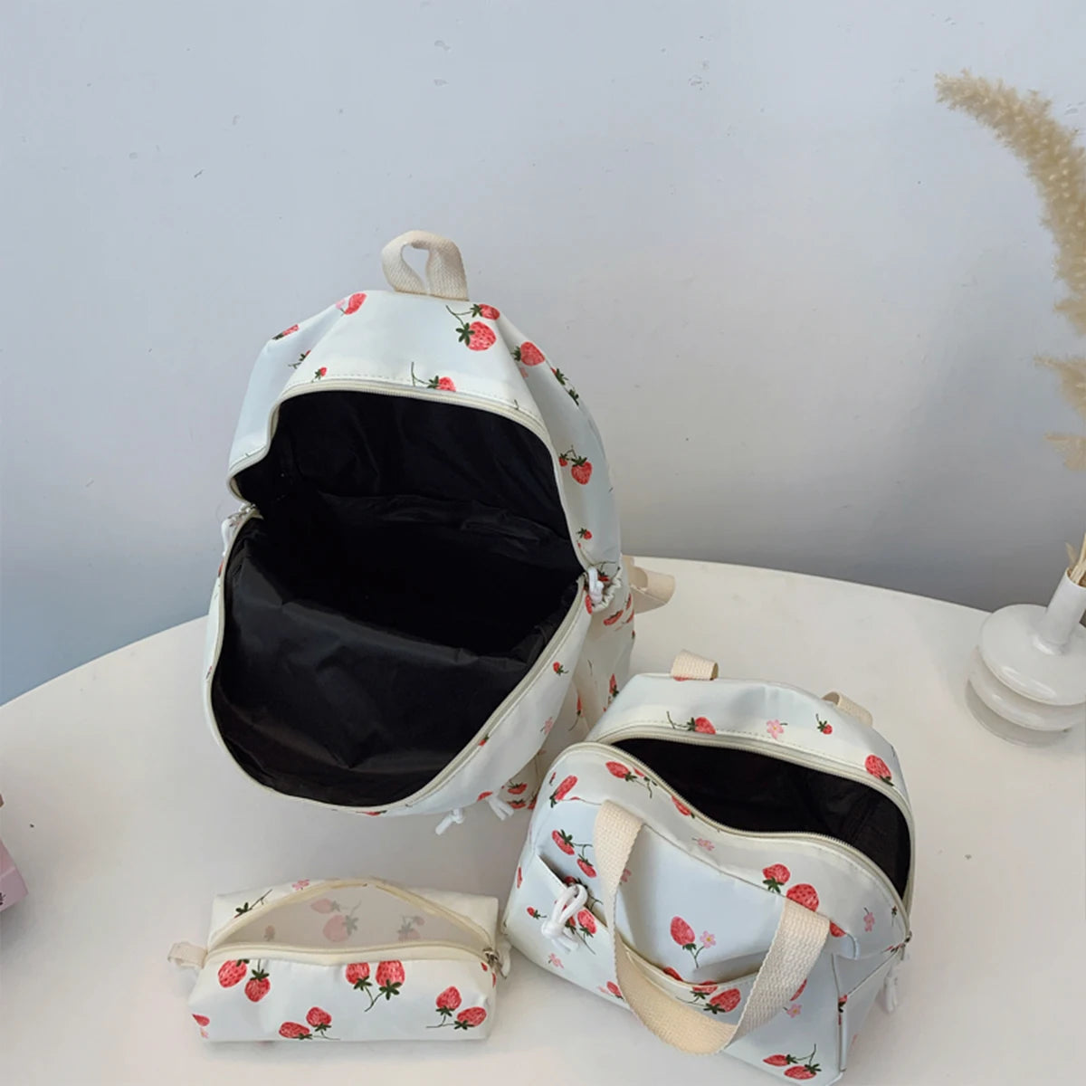 Cute Strawberry Pattern Backpack Set 3pcs Handbag Pencil Case Reinforced Nylon Dual Zipper School