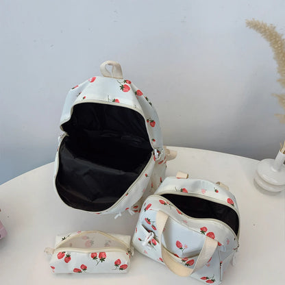 Cute Strawberry Pattern Backpack Set 3pcs Handbag Pencil Case Reinforced Nylon Dual Zipper School