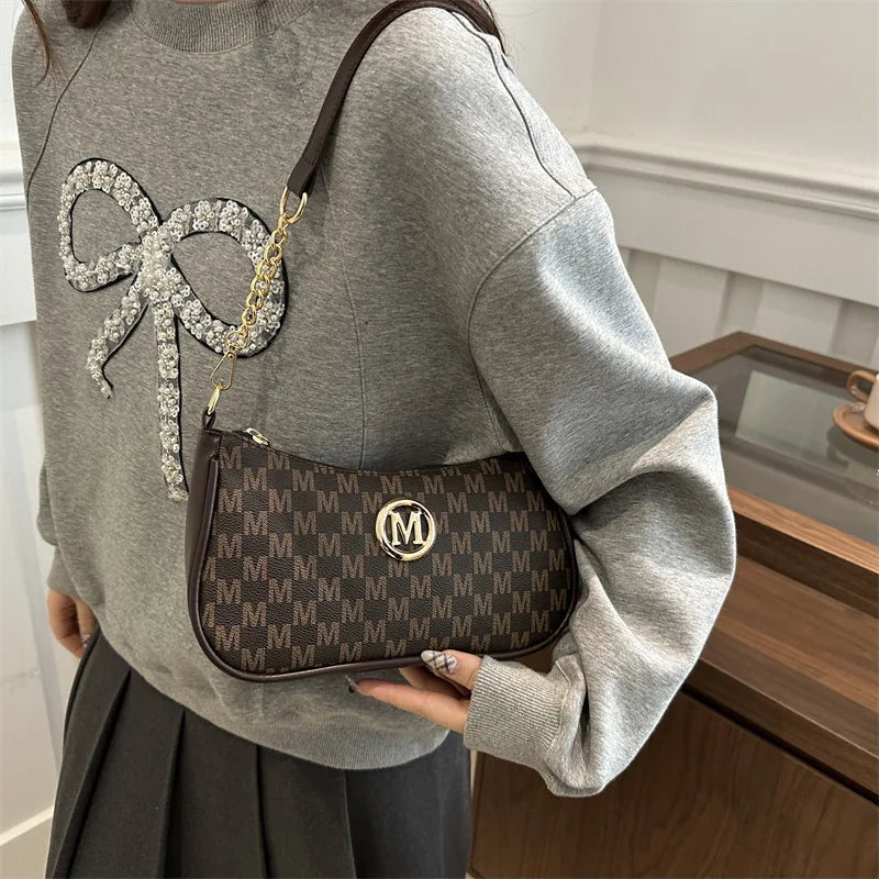 Crossbody Shoulder Bag with Gold M Logo & Chain Strap