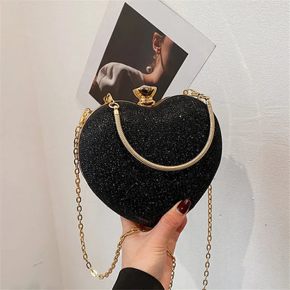 Heart Shaped Evening Bag for Women – Glitter Clutch Purse with Chain