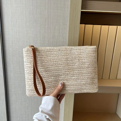 Straw Woven Clutch Bag – Slim Zipper Wristlet Purse for Women