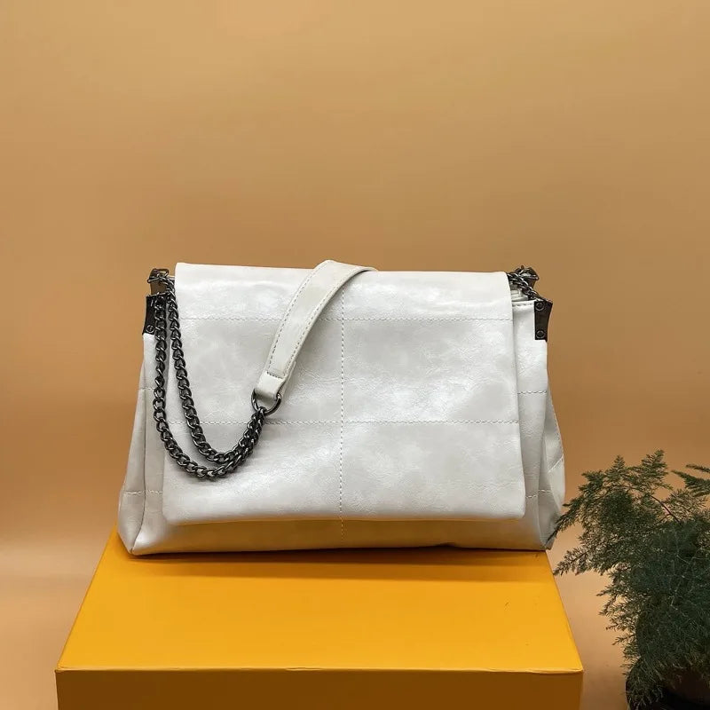 Classic Black Leather Chain Shoulder Bag Soft Flap Handbag Crossbody Bags Large Capacity Casual