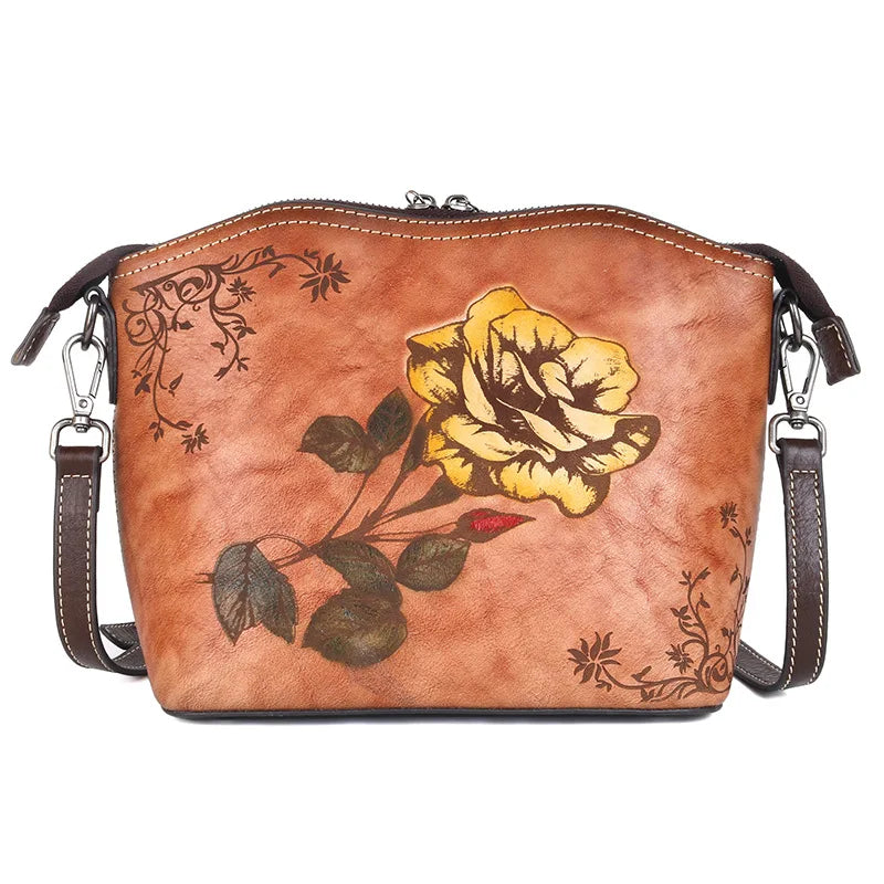 Top-Grain Cowhide Single-Shoulder Crossbody Women S Bag Chinese-Style Rose Women S Single-Shoulder