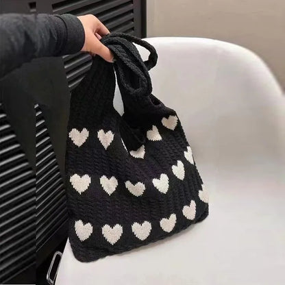 Knitted Love Pattern Tote Bag Stylish Woven Handbag Shoulder Bag Women Party Work