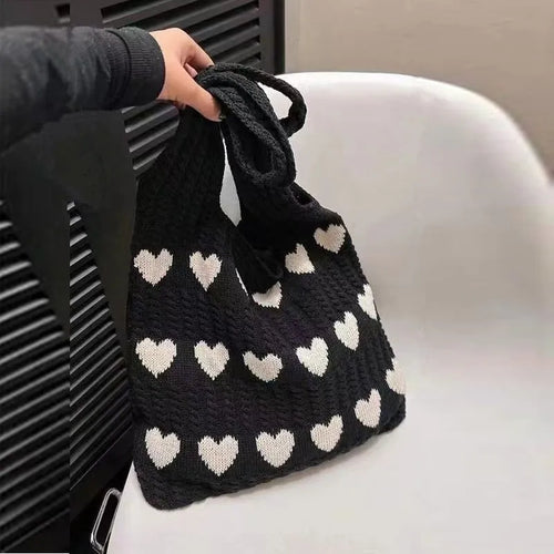 Knitted Love Pattern Tote Bag Stylish Woven Handbag Shoulder Bag Women Party Work