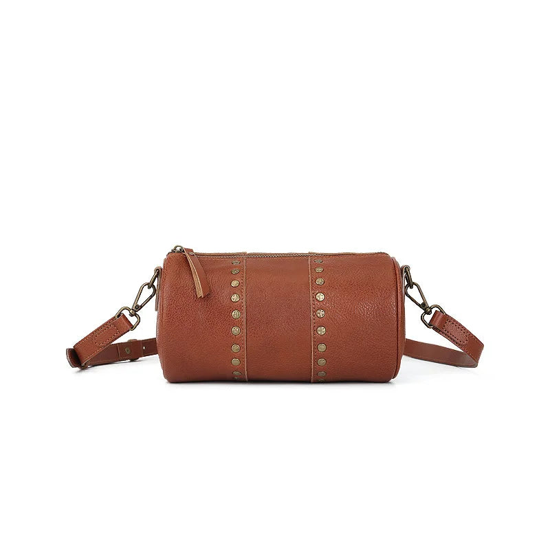 Genuine Rivet Cylinder Bag Vintage Vegetated Tanned Head Layer Cofskin One Shoulder Diagonal Span
