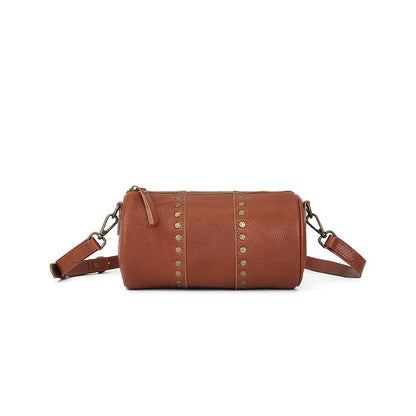 Genuine Rivet Cylinder Bag Vintage Vegetated Tanned Head Layer Cofskin One Shoulder Diagonal Span