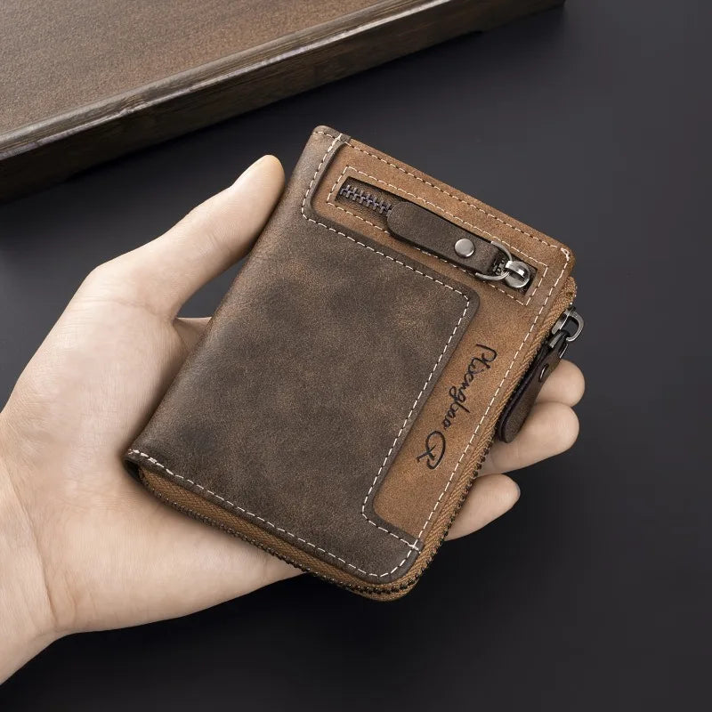 Men's Leather Bifold Wallet – Multi-Card Slots & Zipper Coin Pocket