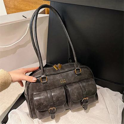 Multi-Pocket PU Leather Shoulder Bag with Decorative Charm