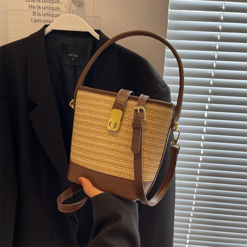Straw Crossbody Bag – Woven Bucket Shoulder Purse with Gold Lock