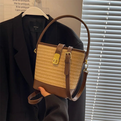 Straw Crossbody Bag – Woven Bucket Shoulder Purse with Gold Lock