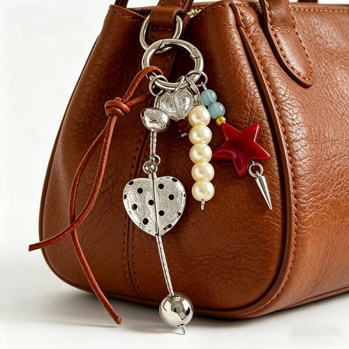 Pearl & Leather Keychain Charm – Boho Star Heart Bead Accessory