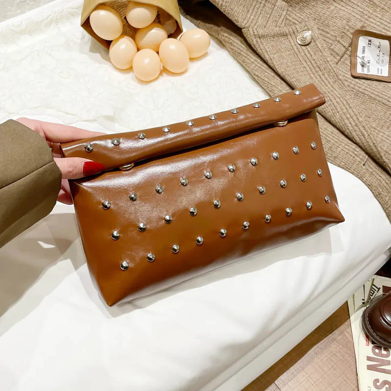 Light Luxury Clutch Bag Glitter Pu Leather Evening Rivet Solid Color Handbag Banquet Dance